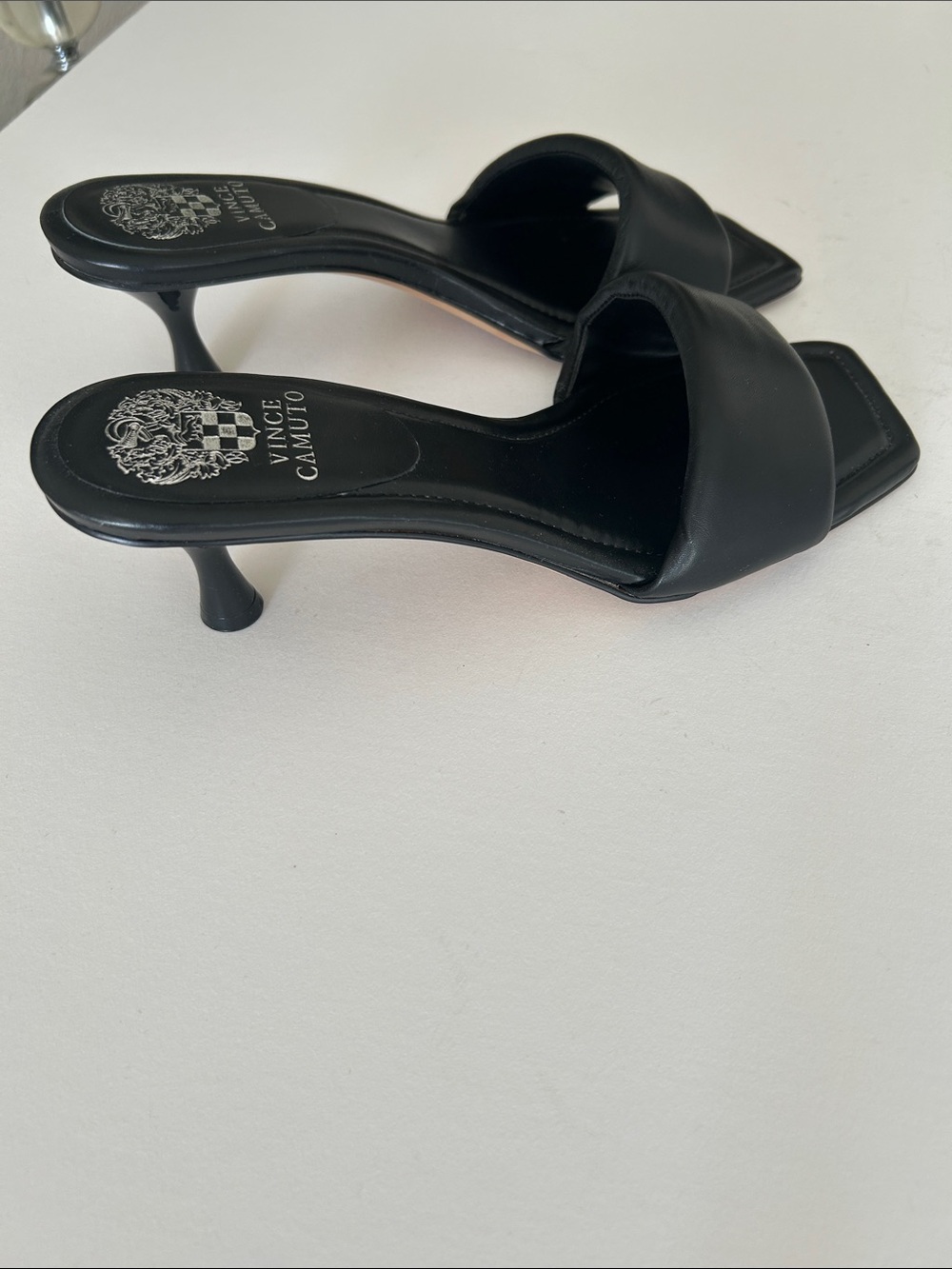 VINCE CAMUTO Black Leather Square Toe Slide Heels